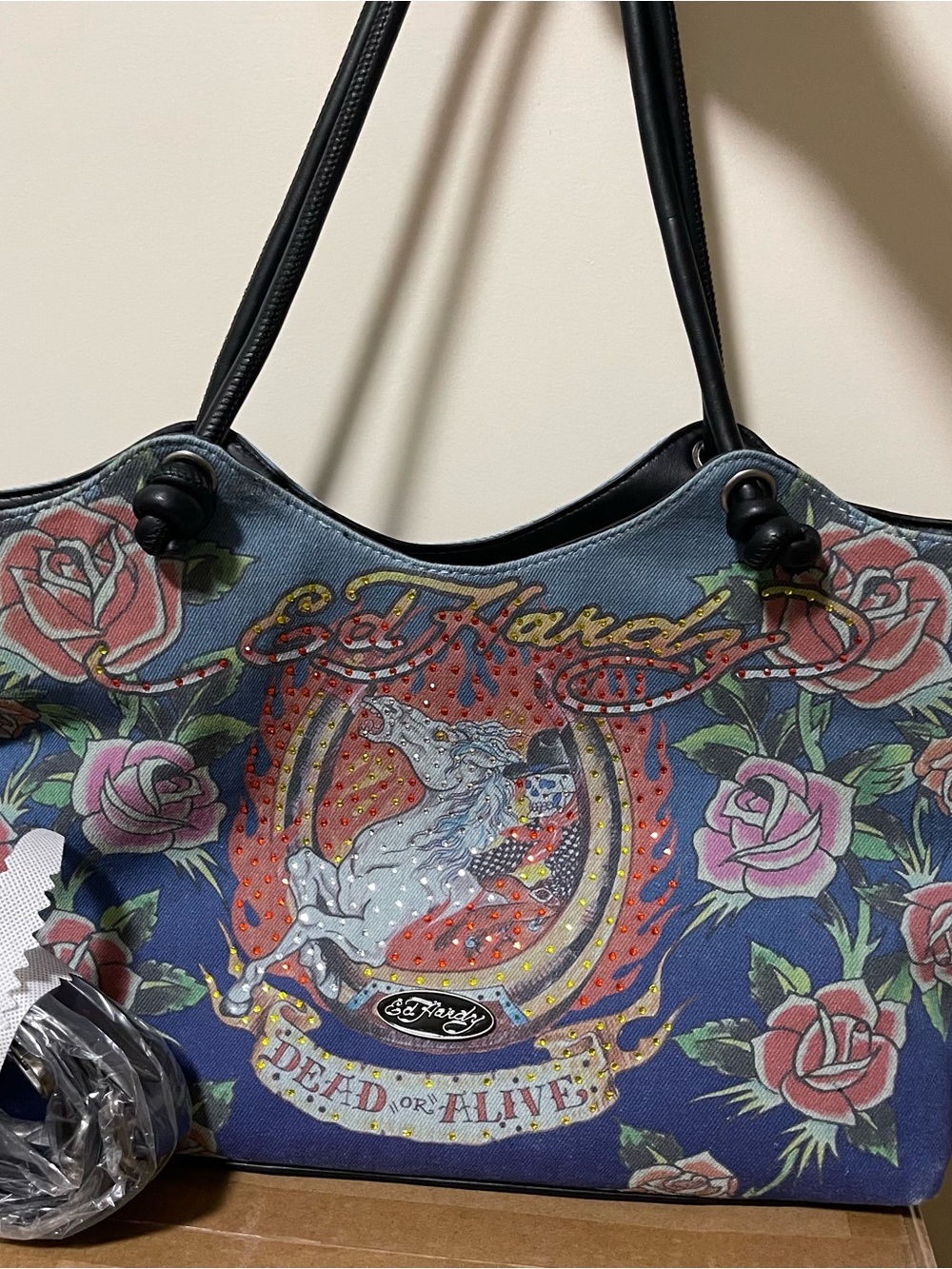 Ed Hardy "Dead or Alive" Denim Tote Bag Rhinestone Rose Horse Skeleton NWT